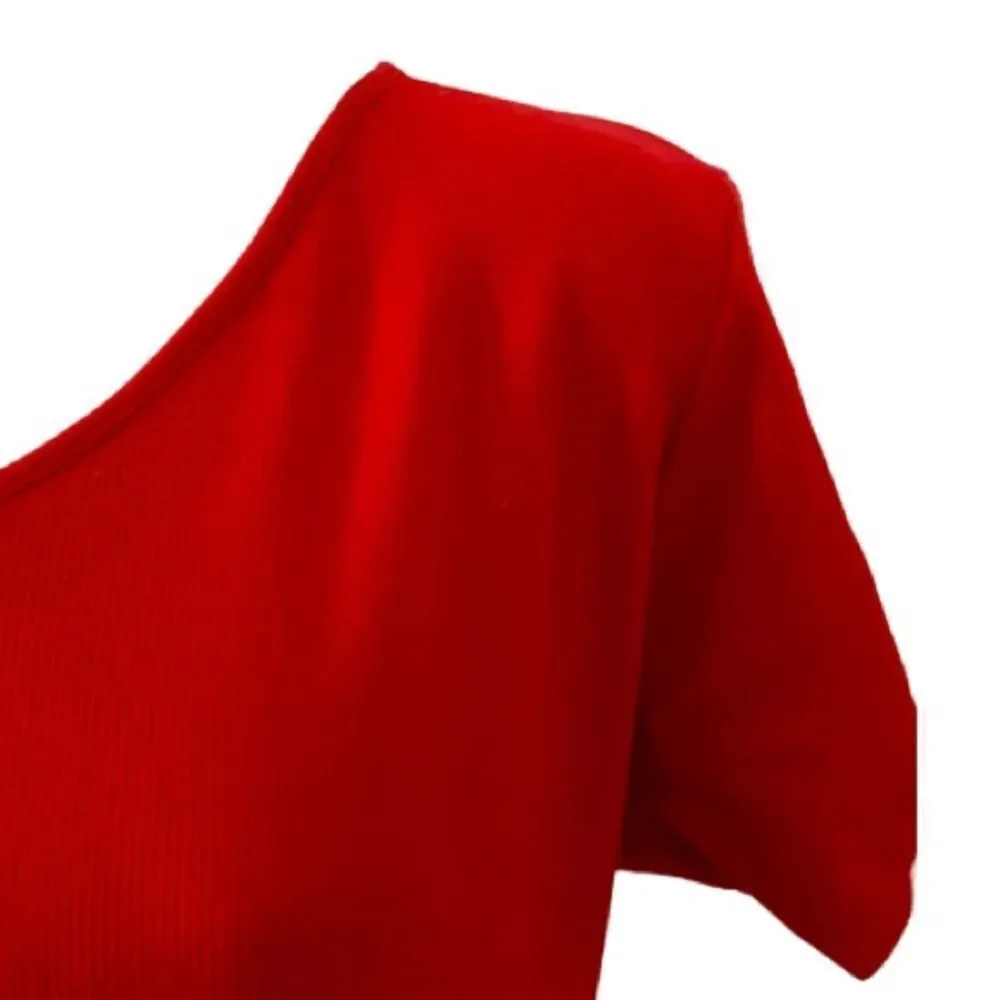 St. John’s Bay Red Ribbed V-Neck Short Sleeve Top Cotton Stretch — Size M